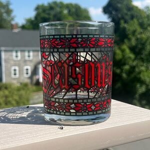 Vintage 1970s Houze Christmas Stained Glass "Seasons Greetings" Lowball Glass